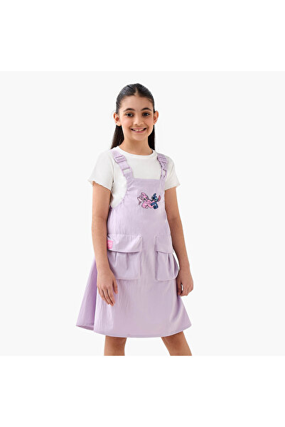 Disney Round Neck Short Sleeves Pinafore Dress Set with Stitch and Angel Embr...