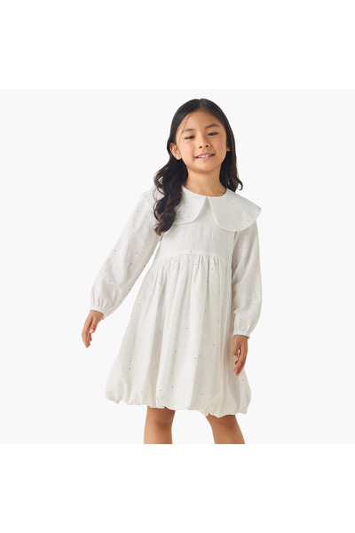 Juniors Peter Pan Collar Long Sleeves Balloon Dress with Embellished Detail