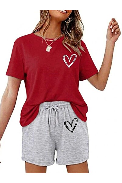 Gutsy T-Shirt Shorts 2-Piece Combination Thin Summer Minimal Heart Printed Wo...