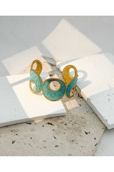 Golden Thread Επίχρυσο Χειροπέδα (Cuff) με Γεωμετρικά Στοιχεία & Τυρκουάζ Σμά...