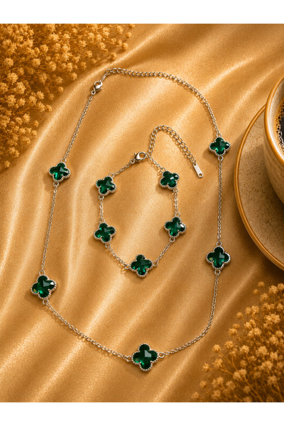 JAMMY JEWERLY Yeşil Yonca Taşlı Çelik Kolye ve Bileklik Seti – Zarif 5 Yonca ...
