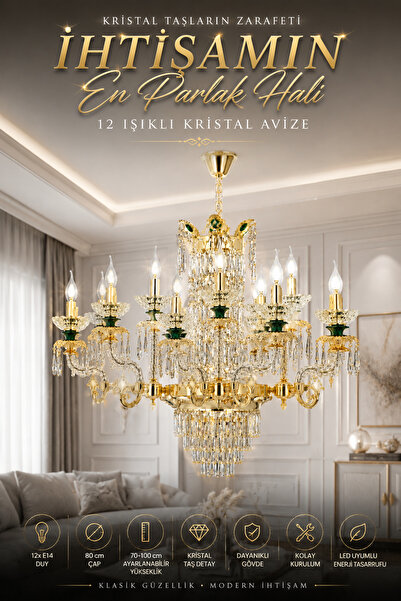 Elvora Home Modern (PREMİUM) Yeşil Detaylı Klasik 12'li Gold Kristal Taşlı Av...