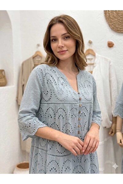 MELTEM COLLECTION FİSTO VE DÜĞME DETAYLI MÜSLİN ELBİSE