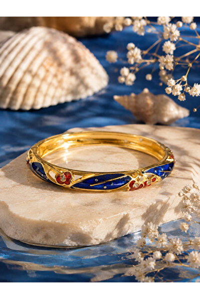 Sylvera Shop Sapphire Okyanus Esintisi Mineli Kalın Kelepçe Bileklik (Gold Renk)