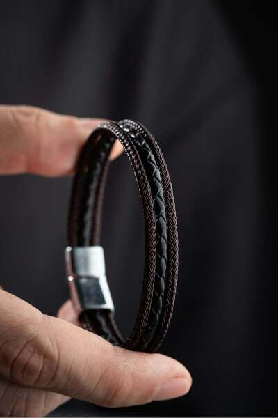 Nereze Chrome Plated Claret Red Thread Detailed 3 Row Men's Leather Bracelet