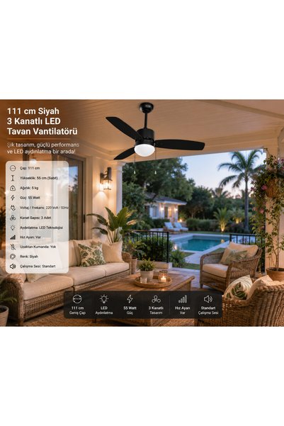 Altınkayaticaret 111 cm Siyah 3 Kanatlı LED Tavan Vantilatörü 55 Watt Hız Ayarlı Modern Tasarım