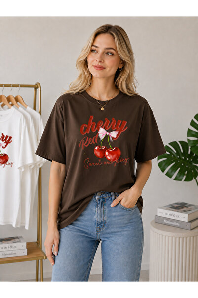 TREND EMMODA تي شيرت نسائي من القطن بياقة دائرية وطباعة خاصة من Cherry
