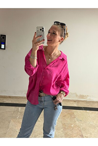 BURCHU BUTİK PREMİUM Tensel kumaş Oversize Gömlek Fuşya