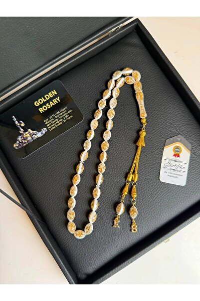 Kehribarstore Altın Parçacıklı Tesbih, Premium Kutu Ve Özel Harf Eklemeli, Erkek, Hediye, Kutuyaisim