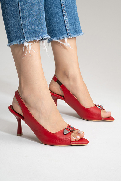by selvi Lukka Shoes Genuine Leather Agnes Women's Buckle Detail Red Heeled S...