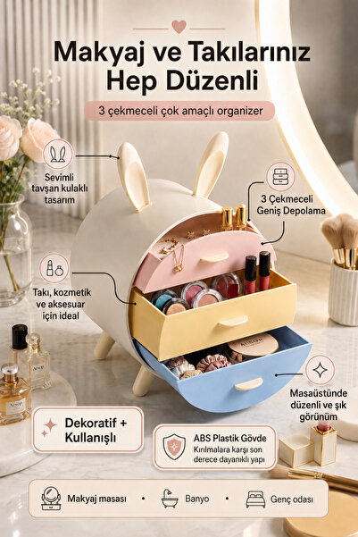 İndecor Houseware Tavşan Kulaklı Makyaj ve Takı Organizeri 3 Çekmeceli Masaüs...