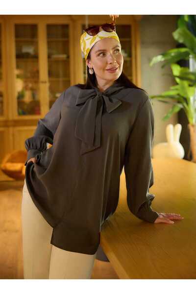 ALİA Large Size Tunic with Scarf Tie Detail at the Collar and Modal Fabric - ...