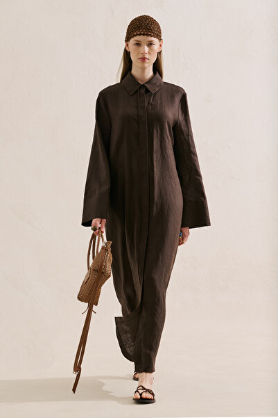 Manuka Linen Belted Shirt Dress Dark Brown