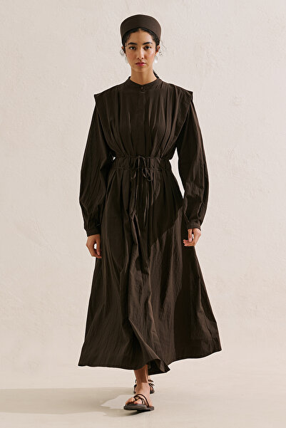 Manuka Pleated Belt Detail Long Sleeve Dress Dark Brown