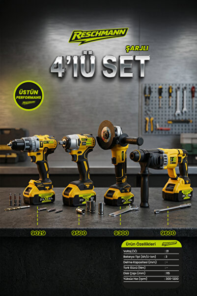 RESCHMANN 4'lü Set 13 MM Matkap-115 MM Taşlama-450 NM Somun Sökme-2-26 Kırıcı...