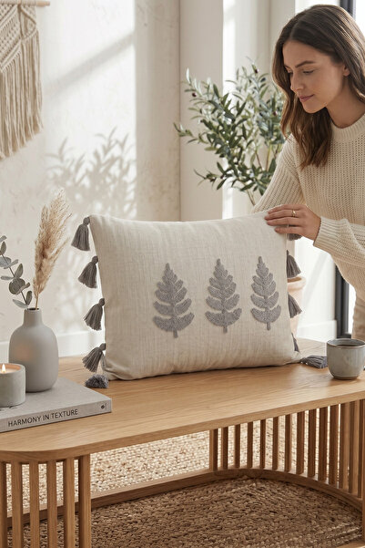 Destiva Home غطاء وسادة من القطن بنمط شجرة مطرزة وشرّابة وسحاب مخفي من بولدان...