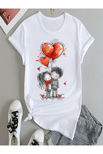 COZYWEAR Cute Couple and Heart Balloons Printed White T-Shirt