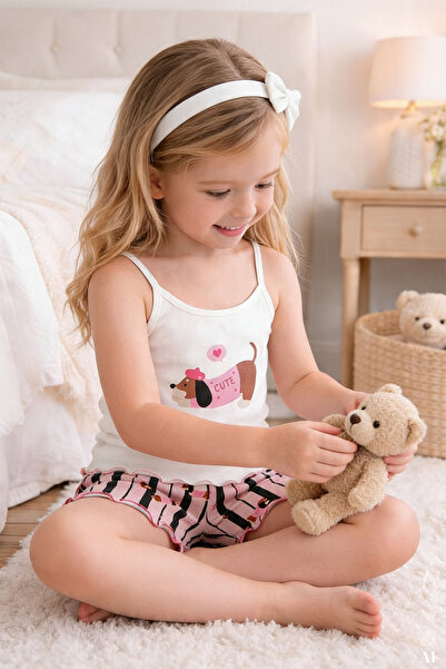 koza iç giyim Girl's Cotton Patterned Rope Strap Pajama Set