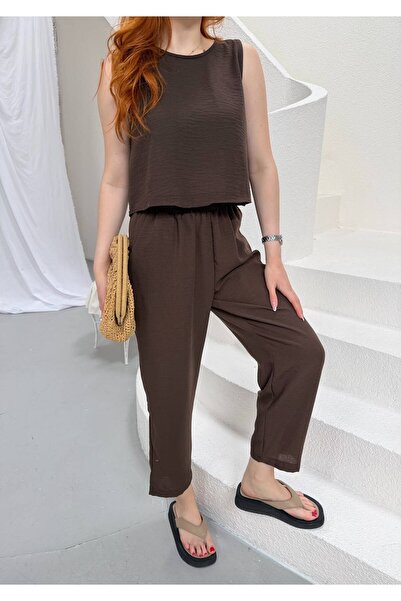 NEW JOURNAL Women's Bitter Brown Top and Bottom Linen Set Frv0179