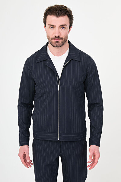 Mcr Striped Slim Fit Shirt Collar Zippered Men's Coat Pants Navy Blue - 17167...