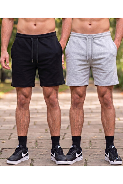 yx yustex sport Σετ 2 ανδρικών σορτς (Μαύρο-Γκρι) Βασικό καλοκαιρινό σετ σορτ...