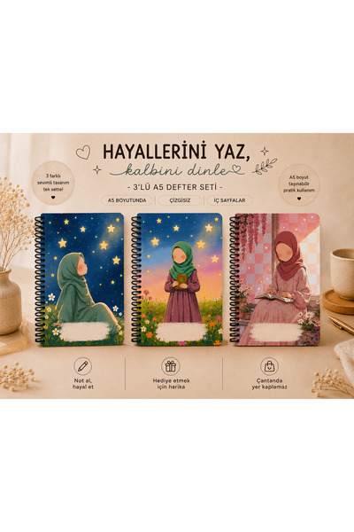 zumio 3'lü A5 Defter Seti | Tesettür Tatlı Kızlar Çizgisiz Spiralli Defter | ...