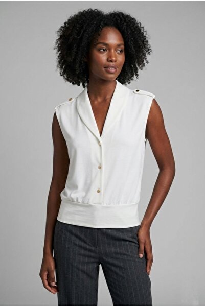 MAXLEVEL MODA Women's White Sleeveless Blouse Shawl Collar Waist Belted Casua...