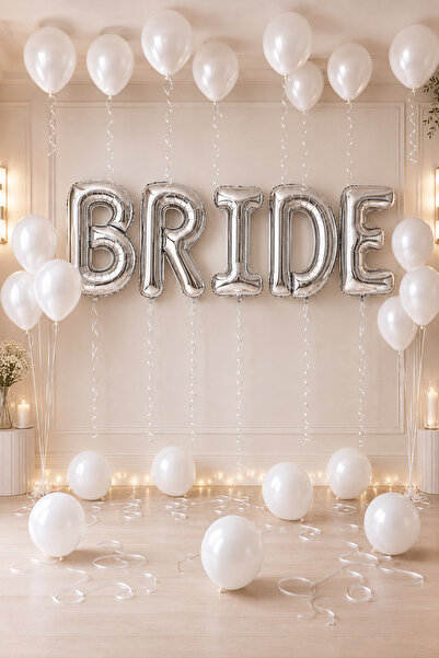 Miels Concept Gümüş Büyük Bride Folyo Balon Beyaz Metalik Balon Seti Bride To...