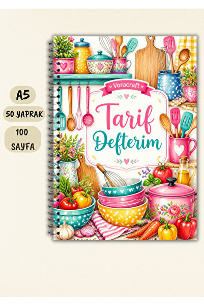 VORACRAFT Yemek Tarif Defteri, 50 Yaprak /100 Sayfa, A5 / Tel Spiral TRF0008
