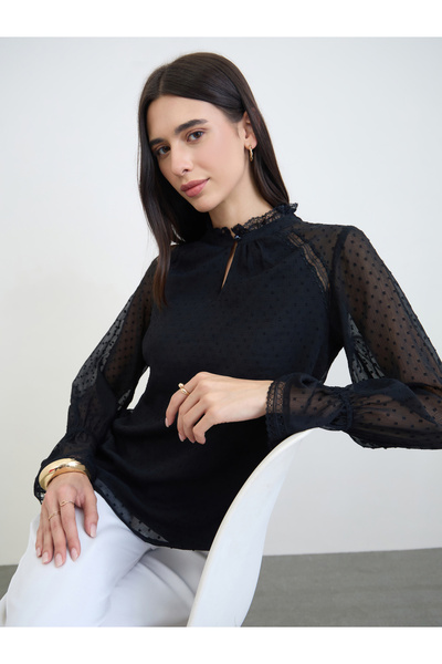 Styli Black Lace Trim Dobby Blouse