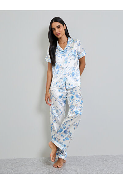 Take Two By Styli White Butterfly Print Satin Shirt and Pyjama Set
