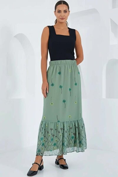 Generic Brand Women's Floral Patterned Chiffon Green Skirt