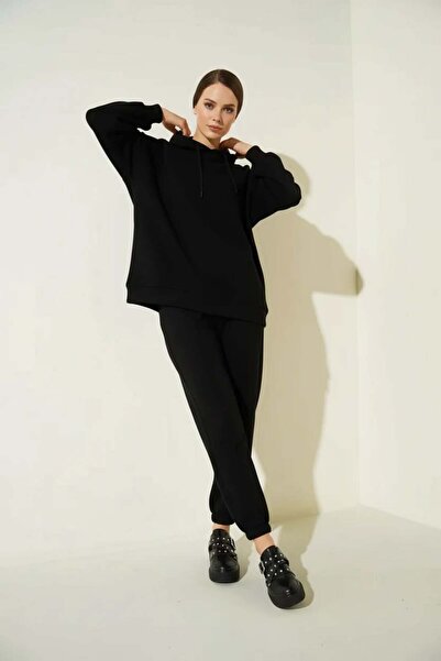 Generic Brand Women's Hooded Regular Oversize Black Tracksuit Set