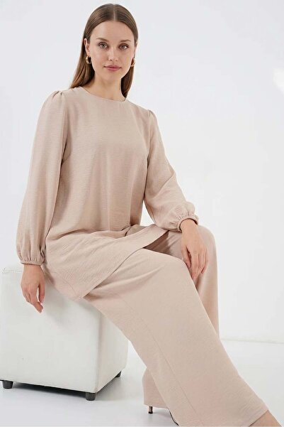 ALFA AKSESUAR 03 Women's Round Neck Embossed Fabric Cream Two-Piece Set