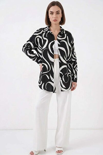 Generic Brand Women's Zebra Patterned Viscose Black Shirt