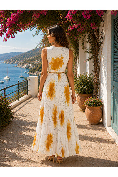 Ali Akkaya Fashion Rochie lungă plisată cu imprimeu galben – Detaliu curea subțire