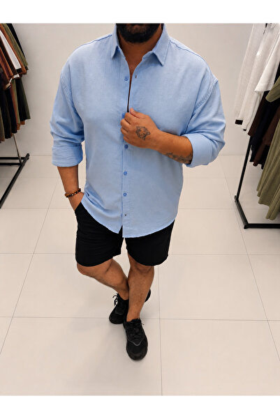 EAS GİYİM Men's Muslin Long Sleeve Oversize Blue Shirt