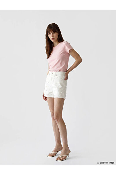 LC Waikiki White High Waist Pearl Embellished Women's Jean Shorts