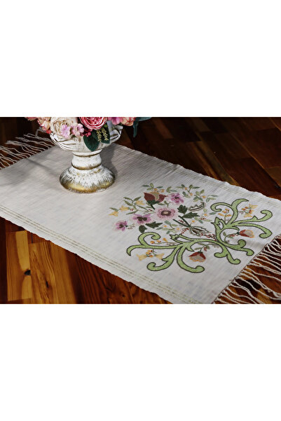 muguetarts %100 El İşlemeli Çiçek Dekorlu Keten Masa Runner Örtü (76x51cm)