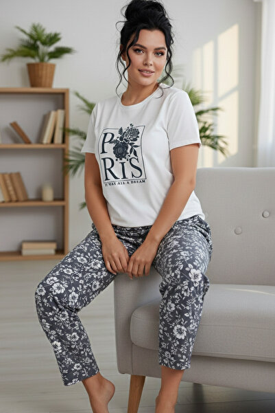 Siyah İnci Patterned Cotton Plus Size Oversized Knitted Pajama Set