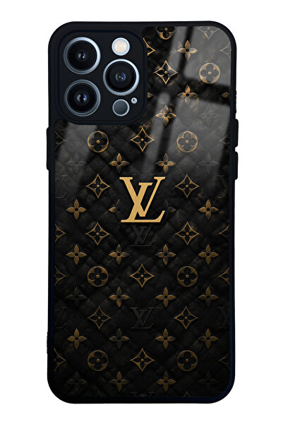 Spoyi iPhone 13 Pro Max Black Gold LV Tasarımlı Glossy Telefon Kılıfı