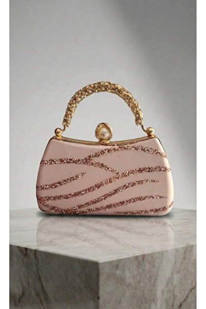 Telli Art Pink Gold Framed Evening Dress Bag with Stone Detail 15X23 cm