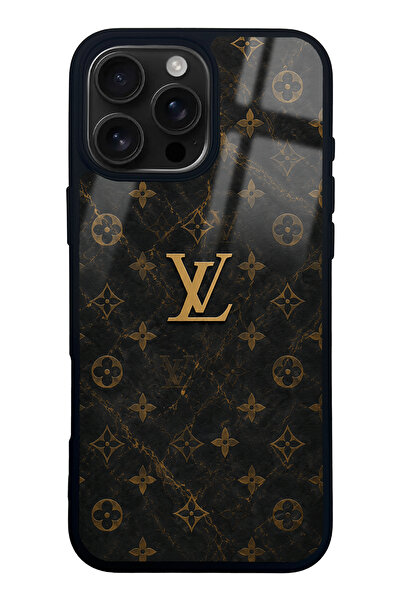 Spoyi iPhone 16 Pro Max Black Mermer Gold LV Tasarımlı Glossy Telefon Kılıfı