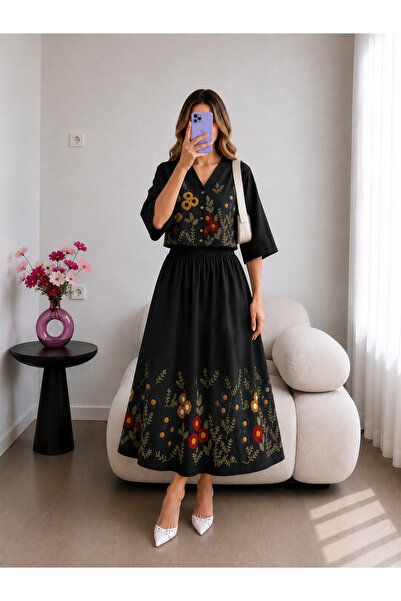 Ekim Store Çiçek Nakış Etekli Yıkamalı Keten Takım