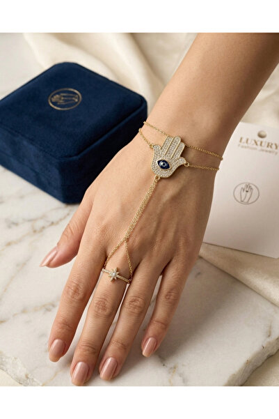 LUXURY Gold Renk Zirkon Taşlı Fatma Ana Eli Şahmeran Bileklik - Yıldız Detayl...