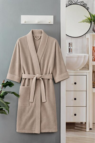 OZK CONCEPT Waffle Kimono Bornoz Bej Unisex Hafif Spa Otel Banyo Bornozu Pamuklu