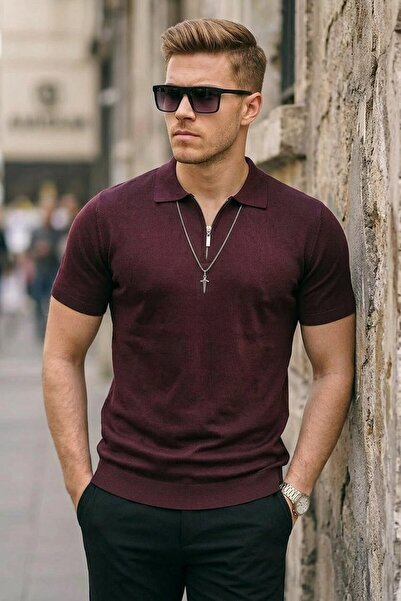 comstar Men's Zippered Casual Claret Red Slim Fit Polo Neck T-Shirt