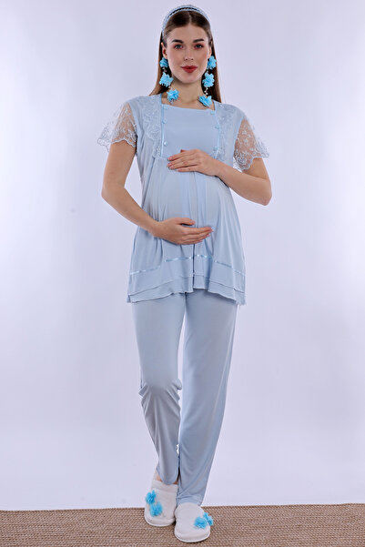 ByLohusa Maternity Pajama Set with Breastfeeding Feature Effortt - Blue