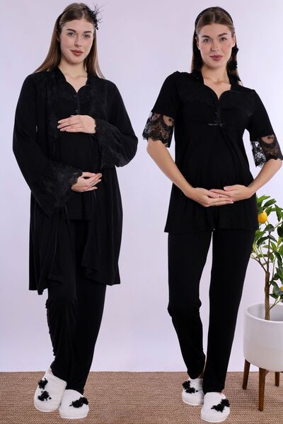 ByLohusa Cotton Maternity Pajama and Dressing Gown Set Effortt - Black