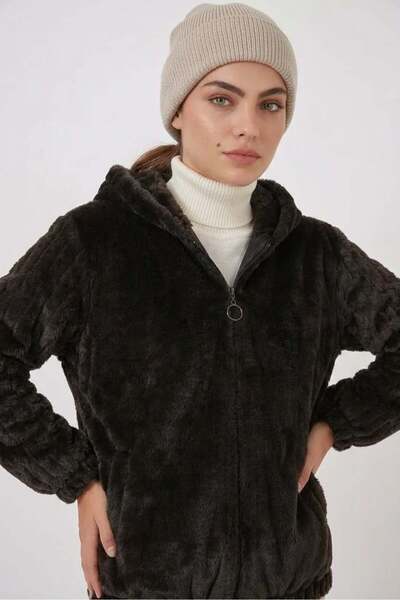 Generic Brand Women's Hooded Belted Fur Brown Coat